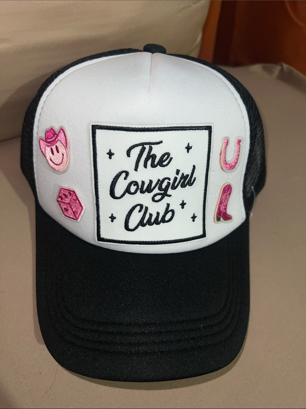 The Cowgirl Club Trucker Hat - Black & White with Pink Accents